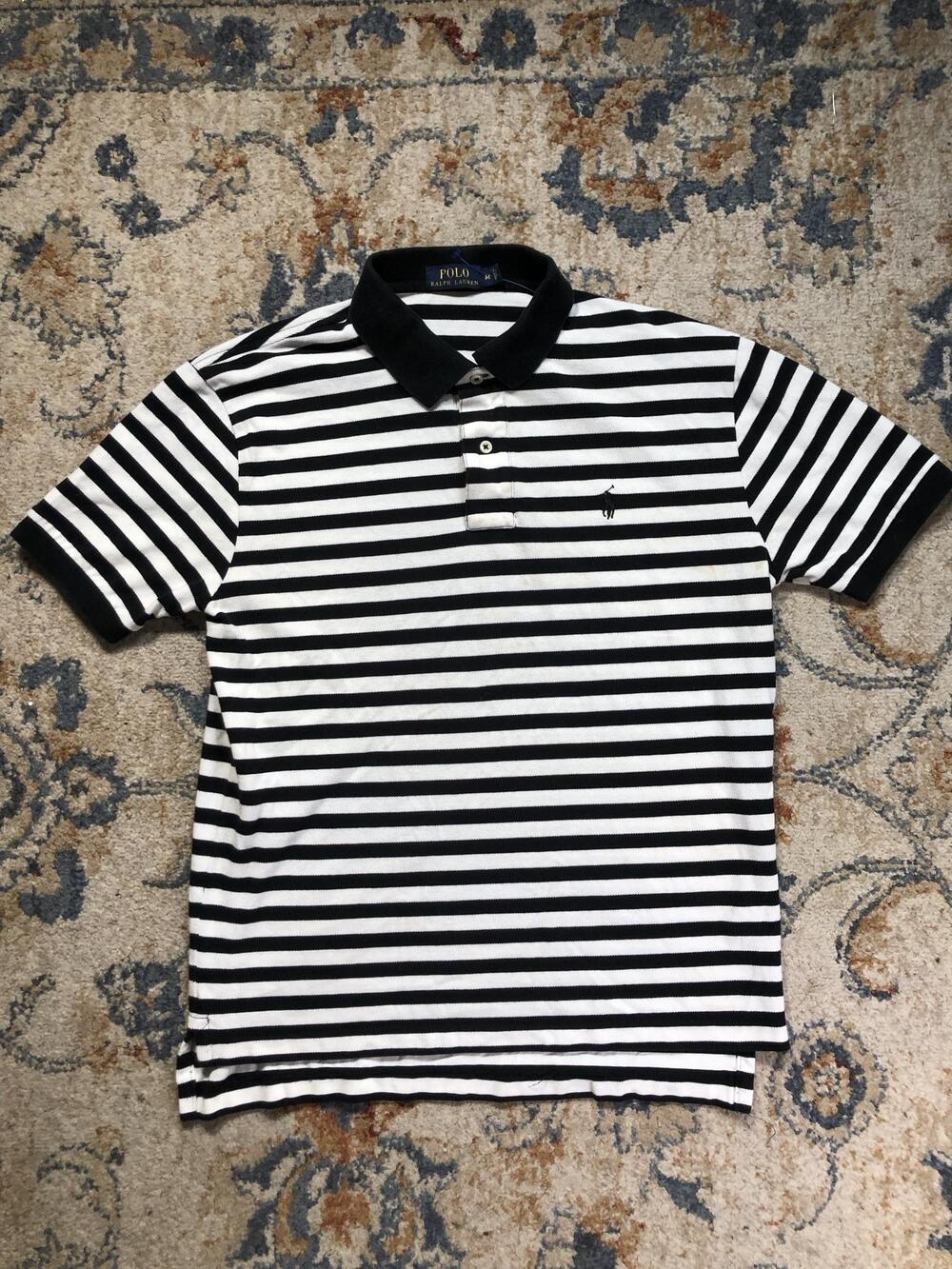 Polo Ralph Lauren Polo Shirt Mens M Black White Stripe Pony Logo Short Sleeve